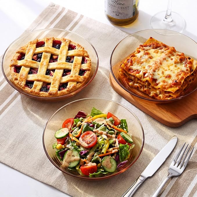 4 Pack Glass Pie Pan 8 Inch Round Baking Dishes Amber Glass Pie Dishes Serving Plates for Snacks, Salads, Desserts, Quiche, Tart, Oven and Dishwasher Safe, Heat Resistant