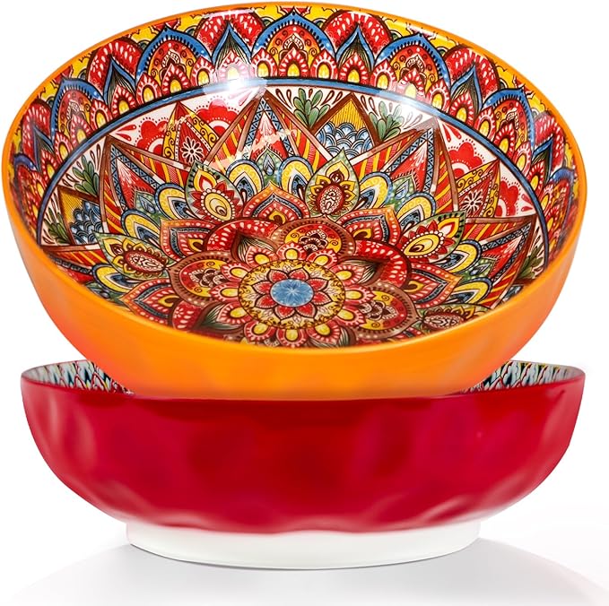 Large Serving Bowls, 10 inch Porcelain Bowls,75 Oz Fruit Salad Soups & Pasta Bowls for Entertaining, Dinner, Party - Stylish Decorative Dishes, Set of 2, Microwave & Dishwasher Safe - RED