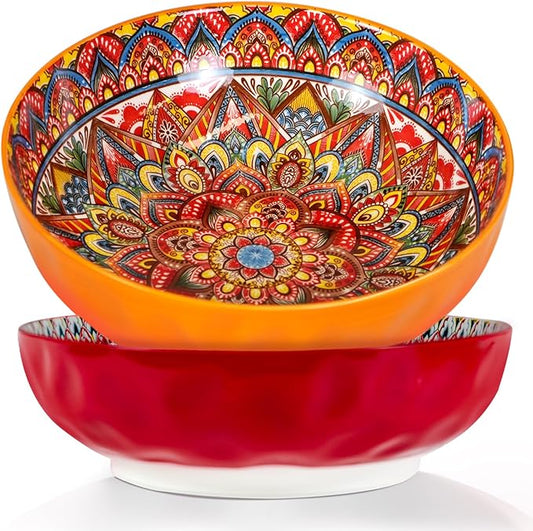 Large Serving Bowls, 10 inch Porcelain Bowls,75 Oz Fruit Salad Soups & Pasta Bowls for Entertaining, Dinner, Party - Stylish Decorative Dishes, Set of 2, Microwave & Dishwasher Safe - RED