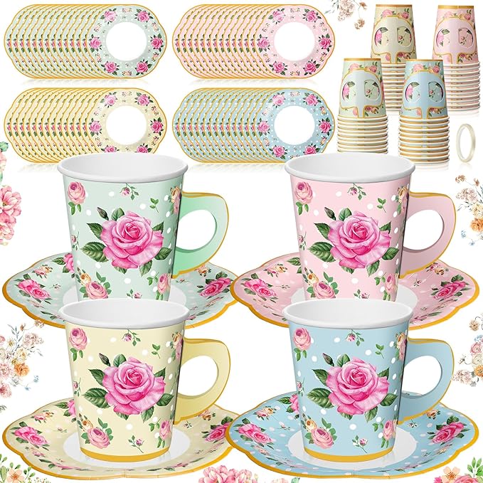 Umigy 60 Sets Spring Tea Party Decorations 9 oz Floral Paper Teacups & Saucer Set for Girls Women Afternoon Tea Parties Mothers Day Bridal Shower Wedding Birthday Party Decorations(Multicolored)