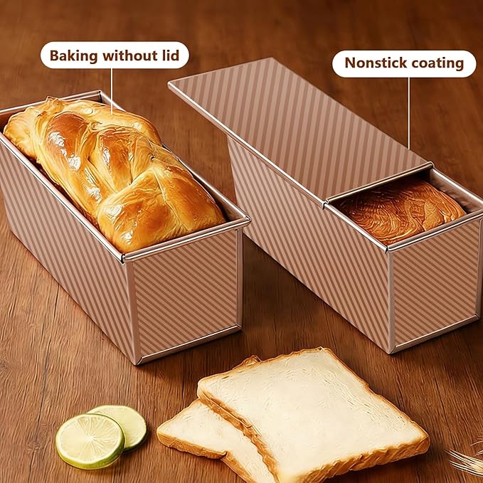 Pullman Loaf Pan with Lid 13x4, Large Bread Pan for Homemade Sandwich with Cover, 2.2lb Long Bread Loaf Tin for Sourdough, Nonstick & Easy Clean (Gold)
