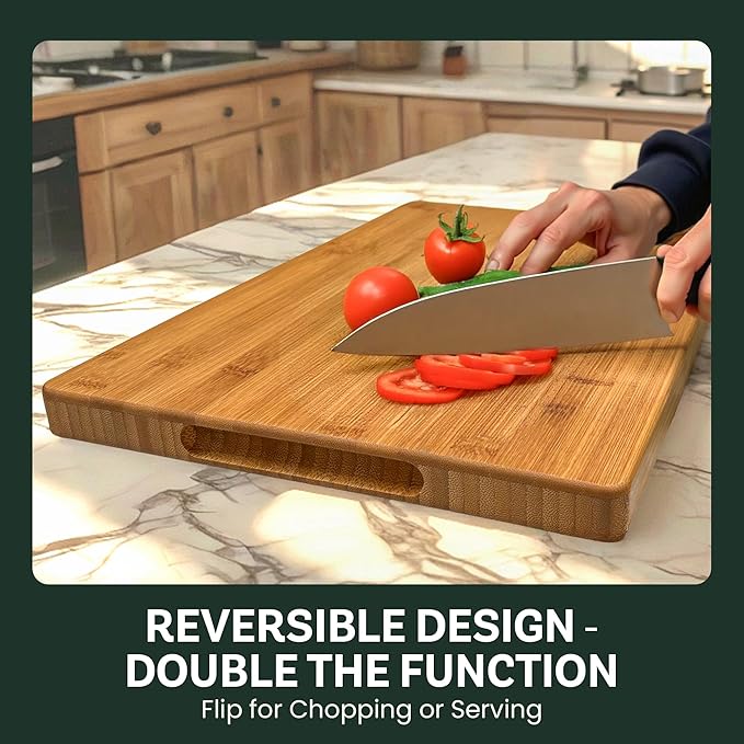 Bambüsi Large 16 Inch Bamboo Cutting Board with Juice Groove and Handles - Heavy Duty Butcher Block for Kitchen, Meat, Cheese, Vegetables, Food Prep and Serving
