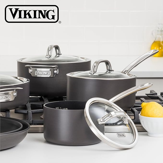 Viking Non Stick Sauce Pan with Glass Lid, 2 Quart Hard Anodized Nonstick Saucepan Cooking Pot, Dishwasher and Oven Safe, Induction Ready, Gray
