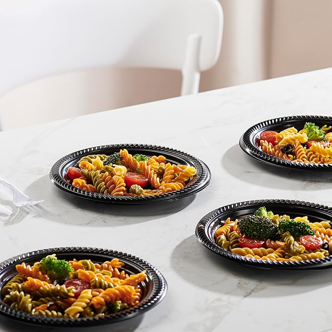 PLASTICPRO 200 PCS Black Plastic Plates Light Weight 7 Inch Plastic Dinner Dessert Appetizer Plates Black Plates Disposable for Party and Wedding
