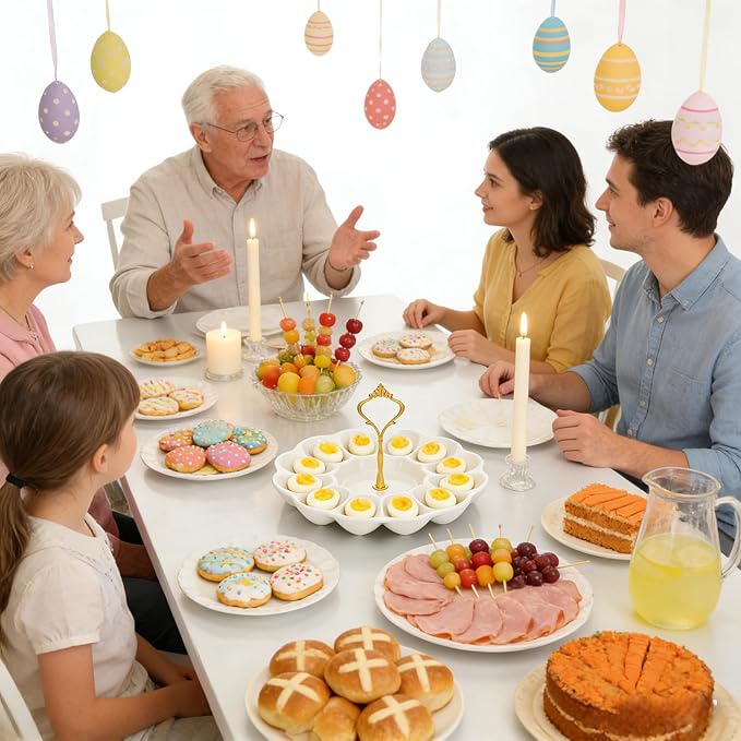 1 Tier Ceramic Easter Deviled Egg Platter 12 Hole Deviled Egg Tray Container, Detachable Eggs Holder Tower for Easter Party Food Container for Kitchen Countertop Microwave Dishwasher Freezer
