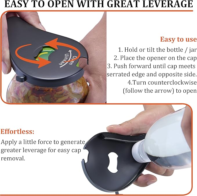 Jar Bottle Can Opener for Seniors Arthritis Weak Hands-Easy Twist Off Small Caps (0.6"-2.7"), Pop Top & Pull Tab Seals,Patent Unique Portable Multifunction Gadget for Elderly/Women/Men(Black)