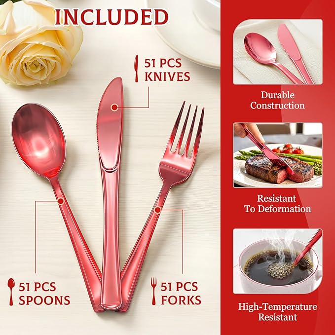 153 Pack Red Plastic Silverware - Heavy Duty Plastic Silverware Set - 51 Forks, 51 Knives, 51 Spoons Plastic Cutlery Disposable utensils for Valentine's Day Holiday Party Weddings Daily Use