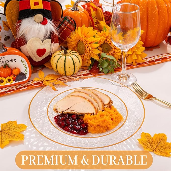 Rubtlamp 60PCS Plastic Orange Plates, Clear Disposable Plates With Orange Rim, Heavy Duty Hammered Plate, Easter Party Platos Include 30Orange Dinner Platos,30Clear Dessert Plate for Spring