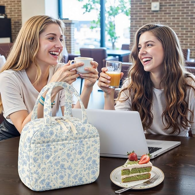 Quilted Lunch Box for Women,Coquette Aesthetic Lunch Box for Teen Girls,Cute Floral Lunch Bags for Work, School,Office,Picnic,Travel (Cute Blue Floral)
