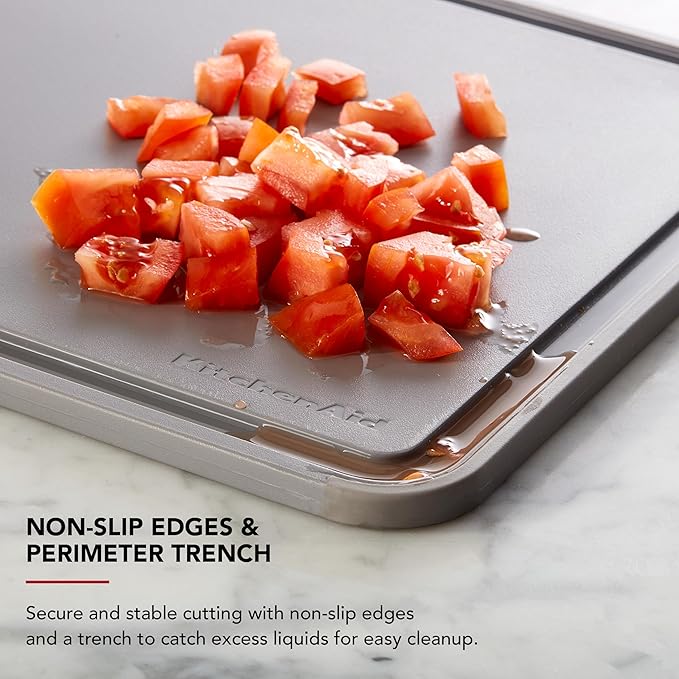 KitchenAid Classic Plastic Cutting Board with Perimeter Trench and Non Slip Edges, Dishwasher Safe, 11 inch x 14 inch, Gray