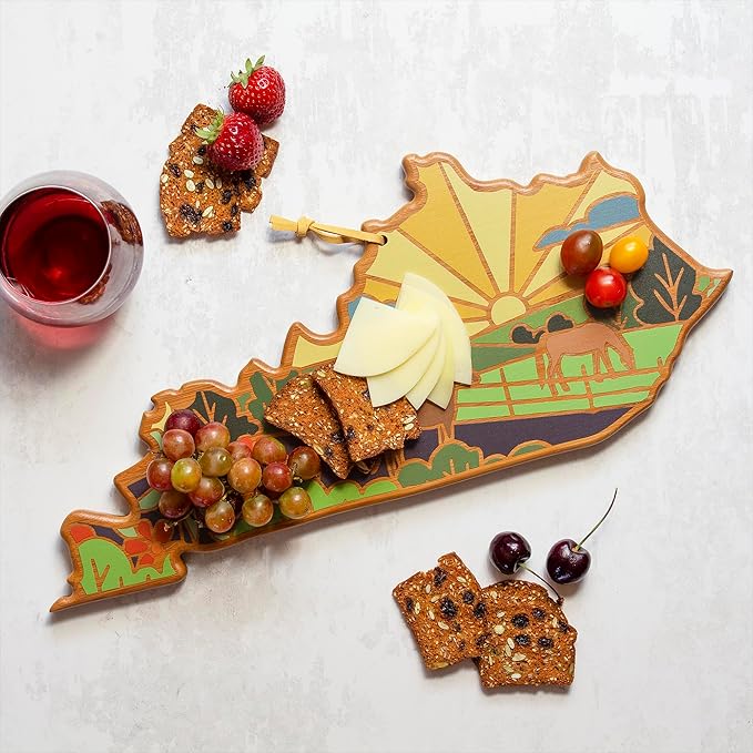 Totally Bamboo Kentucky State Shaped Cutting Board and Charcuterie Serving Platter with Artwork by Summer Stokes, Includes Hang Tie for Wall Display