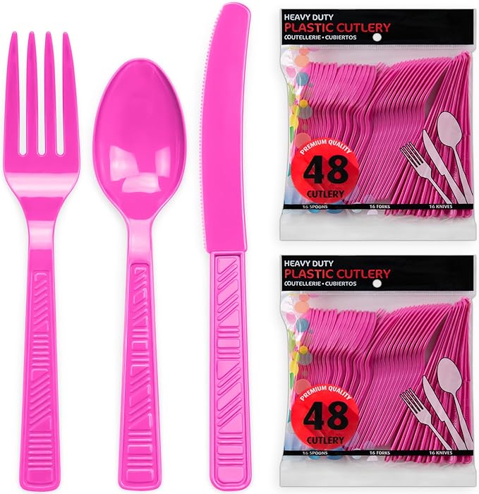 DecorRack Plastic Cutlery Set, Fuchsia Pink Colored Plastic Silverware Sets for Parties, 96 Piece Bulk Heavy Duty Utensils (Fuchsia Pink, 96 Pieces)