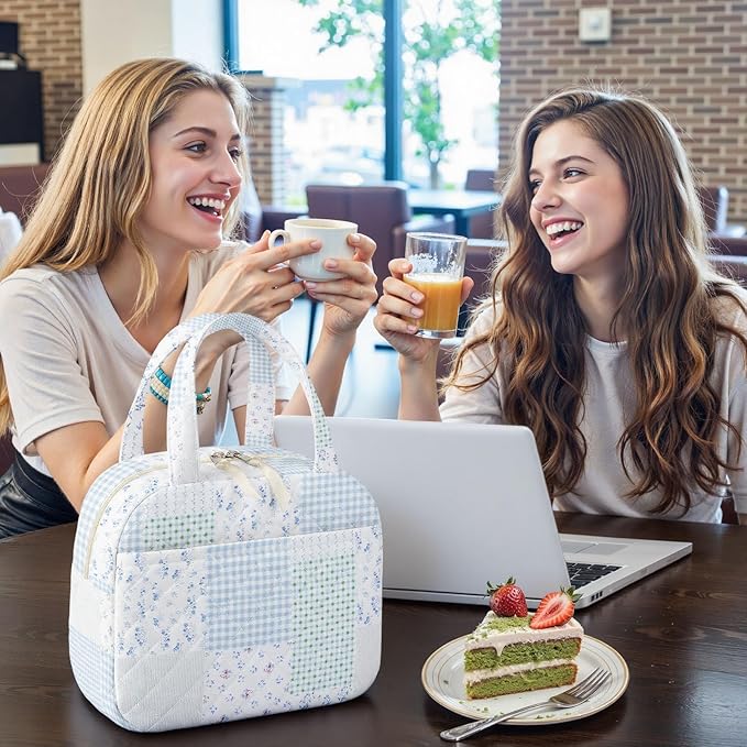 Quilted Lunch Box for Women,Coquette Aesthetic Lunch Box for Teen Girls,Cute Floral Lunch Bags for Work, School,Office,Picnic,Travel (green blue pin)