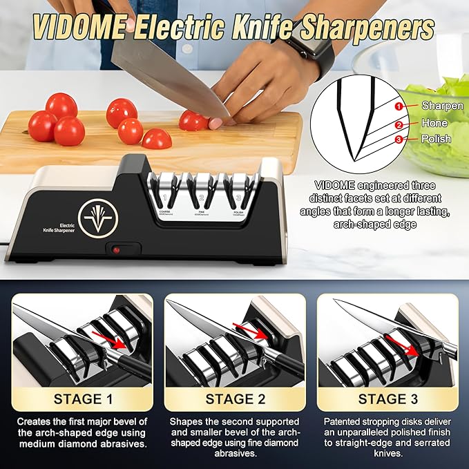 Professional Electric Knife Sharpener with 100% Diamond Abrasives, 3-Stage Precision Angle Guides, Champagne Gold, for Kitchen Straight Edge and Ceramic Knives