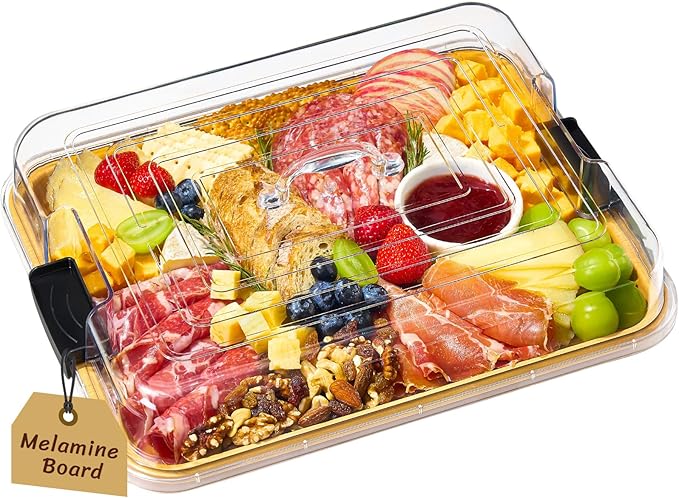 Lifewit 1 Compartment Melamine Charcuterie Board, 11 x 14 Inch Portable Cheese Board with Plastic Lockable Clear Lid, Travel Charcuterie Board Serving Platter with Cover for Snacks, Fruit, Appetizers