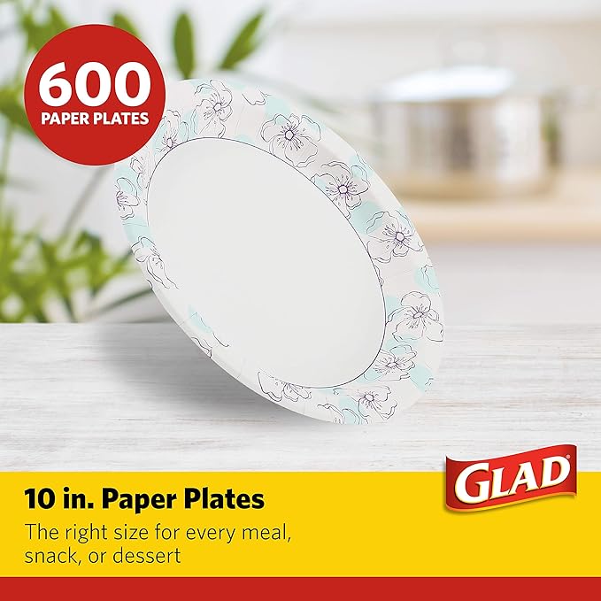 Glad Round Disposable Paper Plates, Blue Flower Design, Heavy Duty Soak Proof Cut Resistant Microwave Safe Plates for Meals, Parties, Picnics, and Events, 10 Inch, 50 Count - 12 Pack