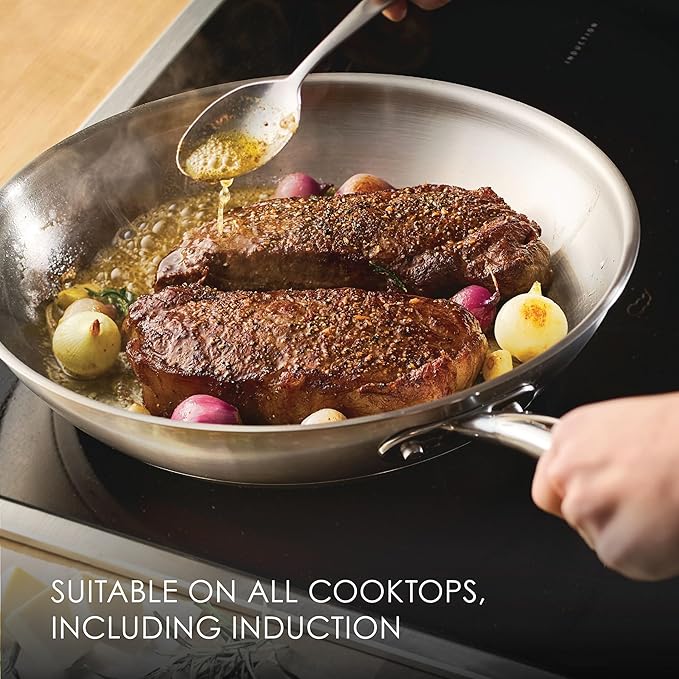 Rachael Ray Professional Stainless Steel Frying Pan/Skillet, Compatible with All Cooktops, Induction Ready, Dishwasher Safe, 12.5 Inch Open Fry Pan - Stainless Steel