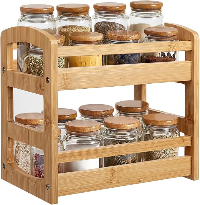 Briful Bamboo Spice Rack Organizer for Countertop, 2-Tier Seasoning Shelf Small Spice Holder for Kitchen Organization Pantry & Cabinet Decor