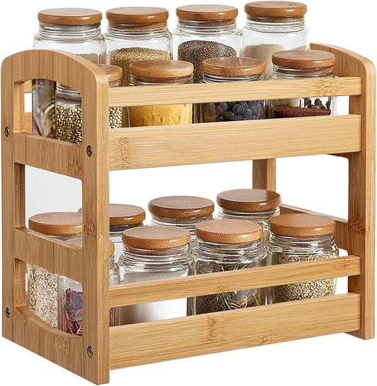 Briful Bamboo Spice Rack Organizer for Countertop, 2-Tier Seasoning Shelf Small Spice Holder for Kitchen Organization Pantry & Cabinet Decor