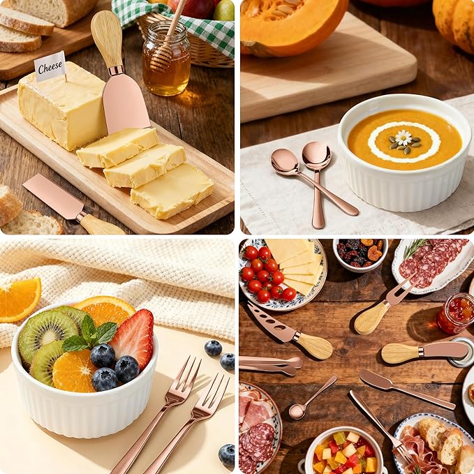 Charcuterie Boards Accessories Bowls, Cheese Knife Set Mini Butter Spreader, Serving Tong, Fork, Spoon, Dipping Bowls with Lids, Toothpick Flags, Honey Dippers For Party Platter Making (RoseGold)