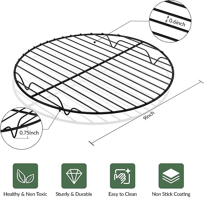 TeamFar Cooling Rack, 9inch Round Baking Wire Rack with Stainless Steel Core & Nonstick Coating, for Roasting Grilling Steaming, Non Toxic & Sturdy, Oven Safe & Anti-melt, Easy Clean – Set of 2