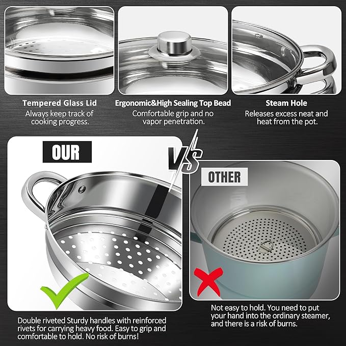 AuFranc® 6 Quart 18/10 Stainless Steel Tri-ply Stockpot and Steamer with Tempered Glass Lid, Multipurpose Steamer Pot Compatible with All Cooktops, Non-Toxic Soup Pot, Oven & Dishwasher Safe (Silver)