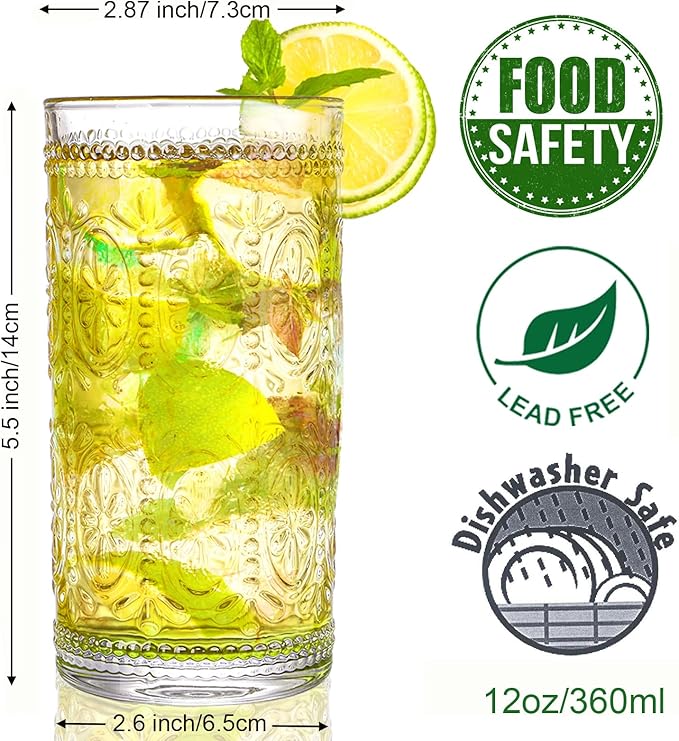 Bekith 6 Pack Romantic Drinking Glasses, 12 oz Highball Glasses, Thick Water Glasses, Tall Glass Cups for Beverages, Beer, Cocktail, Vintage Glassware Set for Dinner Parties, Bars, Restaurants