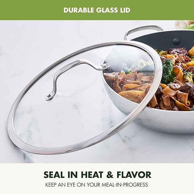 GreenPan Valencia Pro Tri-Ply Stainless Steel 12” Wok with Lid, PFAS-Free Ceramic Nonstick Coating, Induction Ready Cookware, All Cooktops, Dishwasher & Oven Safe to 600F