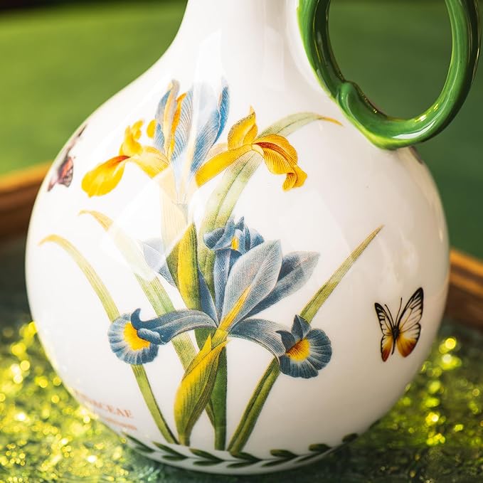 Ceramic Olive Oil Dispenser, 27 oz Floral Pattern Cruet with Auto-Close Spout, 9.45" Tall, Decorative Oil and Vinegar Bottle (iris)