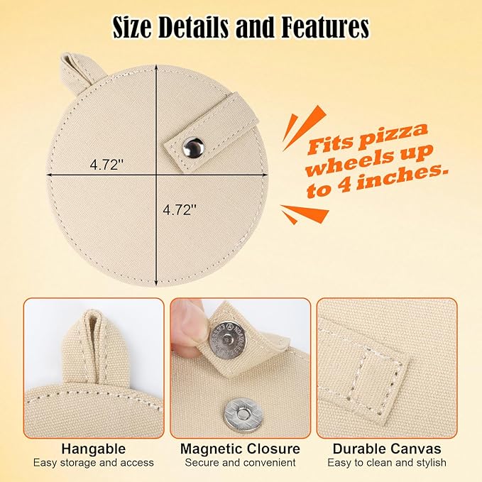 1-Pack Canvas Pizza Cutter Sleeve – Fits Wheels 4” or Smaller, Magnetic Snap, Lanyard for Hanging on Hooks or Rails (Sleeve Only) (Natural Beige)