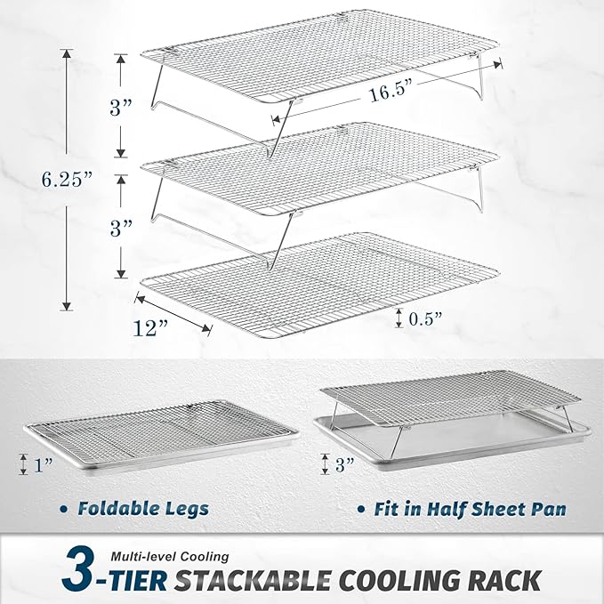 HIWARE Oven-Salf Collapsible Cooling Rack for Baking, 3 Tier 12”x 16.5”, Stainless Steel and Fit Half Sheet, Stackable Wire Cooling Racks for Cookie, Pizza, Cake
