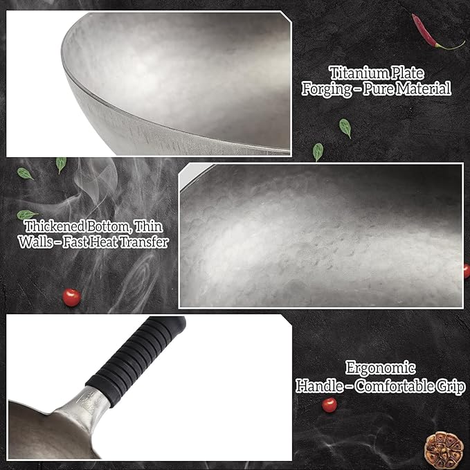 Pure Titanium Wok with Lid, Ultra Lightweight 2.5 Lbs Titanium Wok Single-piece Molded No Coating Rivetless Handcrafted Frying Pan Durable Cookware for Gas Stove Home & Outdoor Camping