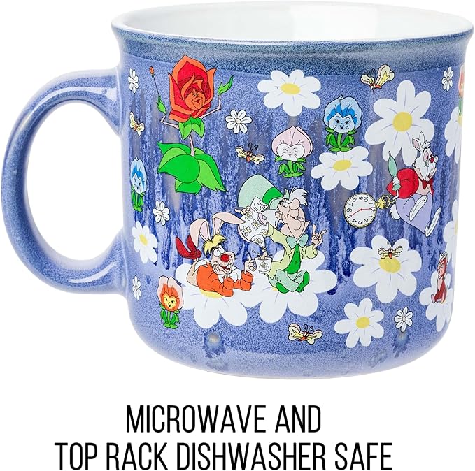 Silver Buffalo Disney Alice in Wonderland Reactive Glaze Ombre Ceramic Camper Mug Featuring Alice, Cheshire Cat, White Rabbit, Dormouse, Dinah, Mad Hare, and Mad Hatter, 20 Ounces