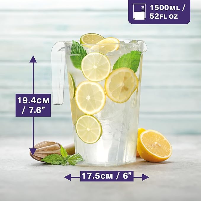 MATANA 6 Pack Clear Water Pitchers - 52 oz Plastic Beer Pitcher with Handle for Drinks, Juice, Lemonade, and Beverages - BPA-Free and Durable Iced Tea Pitcher for Fridge, Home, & Party