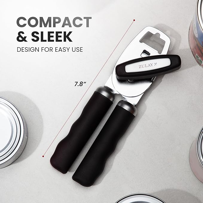 Zulay Kitchen COMFY™ Can Opener Manual with Bottle Opener - Rust Proof Stainless Steel Manual Can Opener With Turn Knob & Comfy Soft Grip Handles - Black