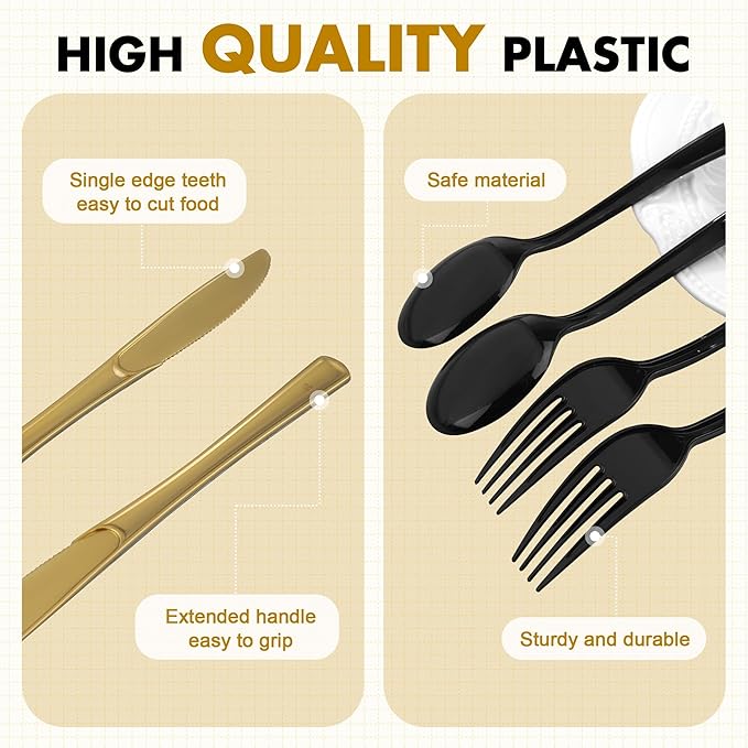 Kochorie 300 Pieces Graduation Black and Gold Plastic Silverware Heavy Duty Plastic Cutlery Set Disposable Flatware Includes Spoons Forks Knifes for Party Supplies