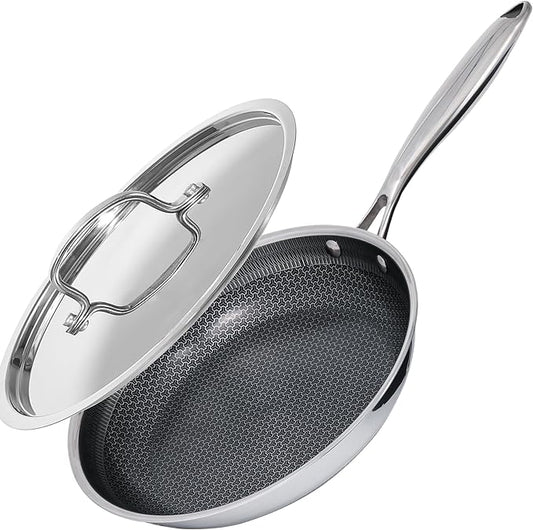 8 Inch Non Stick Frying Pan with Stainless Steel Lid, Hybrid Nonstick Stainless Steel Skillet Stay-cool Handle Dishwasher and Oven-Safe Chef Pan, Induction Compatible Cooking Pan, PFOA Free Cookware