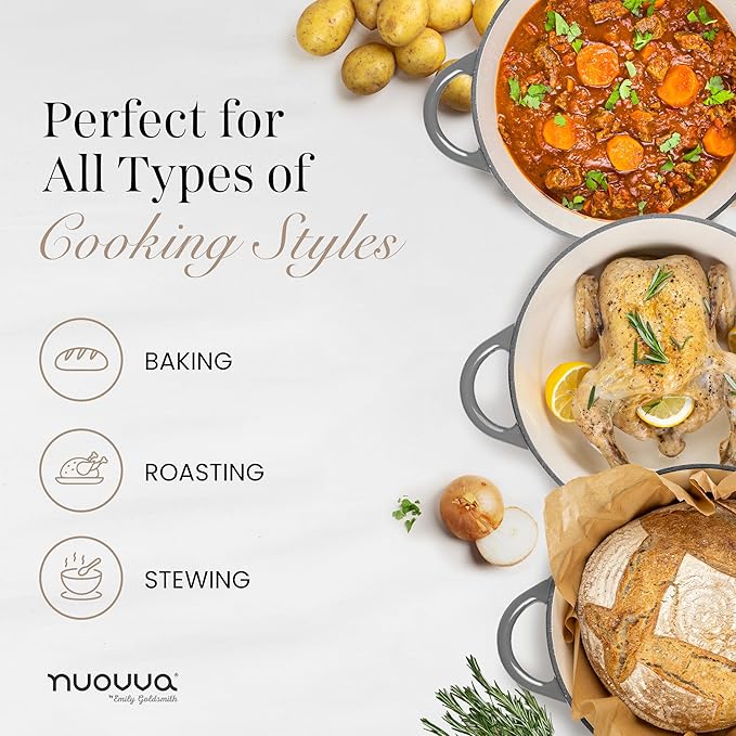 Cast Iron Pot with Lid – Non-Stick Ovenproof Enamelled Casserole Pot, Oven Safe up to 500° F – Sturdy Dutch Oven Cookware – Grey, 5-Quart, 24cm – by Nuovva