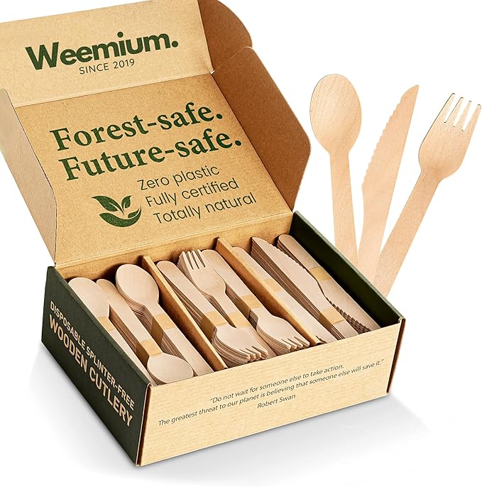 Weemium Disposable Wooden Cutlery Set - 300 Count (100 Forks, 100 Knives, 100 Spoons) – Plastic-free Packaging - Biodegradable Silverware and Splinter-free Compostable Utensils for Parties