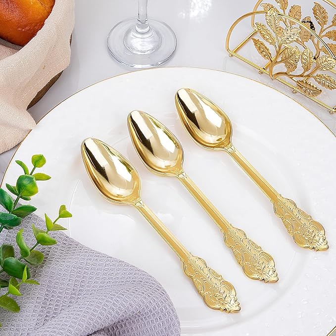 WDF 100 Piece Gold Plastic Spoons Disposable - 6.93 Inch Baroque Gold Spoons Plastic Silverware for Dessert Cake - Heavy Duty for Party Wedding Daily Using Baby Shower Spring