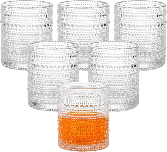 Moretoes Cocktail Glasses 10 oz Hobnail Drinking Glasses Set of 6, Vintage Glassware, Textured Glass Cups Bubble Glasses Water Glasses Old Fashion Jupiter Glasses Set (Clear)