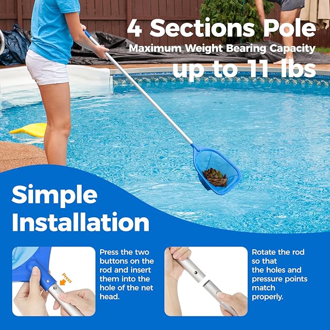 Swimming Pool Skimmer Net Total Length 57 inches, Leaf Rake Net with 4 Section Telescopic Aluminum Pole for Fast Cleaning Ponds, Hot Tub, and Spas, Pool Cleaner Supplies and Accessories