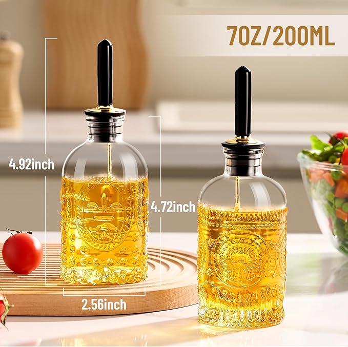 Olive Oil Dispenser Bottle for Kitchen with Metal Spout, Glass Oil Bottles 7OZ, Elegant Glass Cooking Dispenser for Kitchen Juice Mouthwash Honey Syrup Coffee Syrup-2pcs