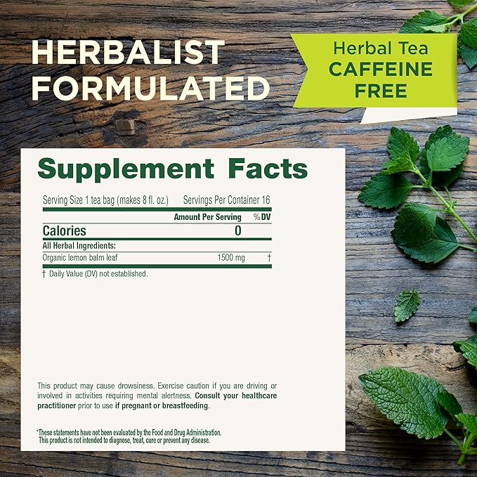 Traditional Medicinals Organic, Lemon Balm - Supports Stress Relief & Digestive Health - Kosher, Non-GMO, Caffeine-Free, Compostable - 16 Tea Bags