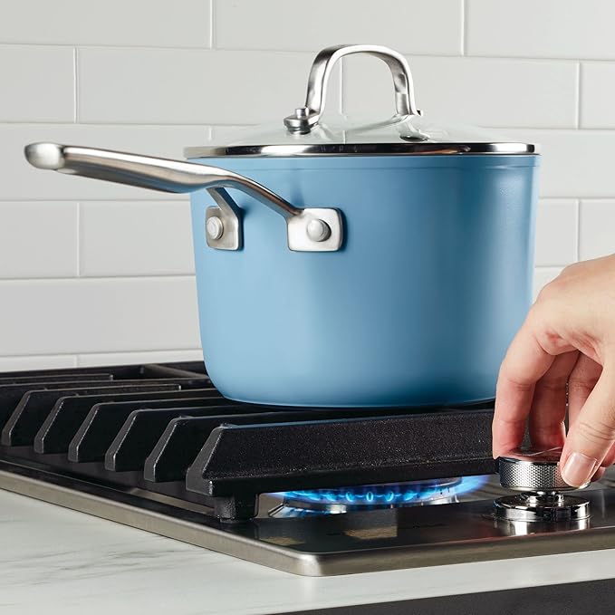 KitchenAid Hard Anodized Ceramic Nonstick Cookware Sauce Pan with Lid, 3 Quart - Blue Velvet