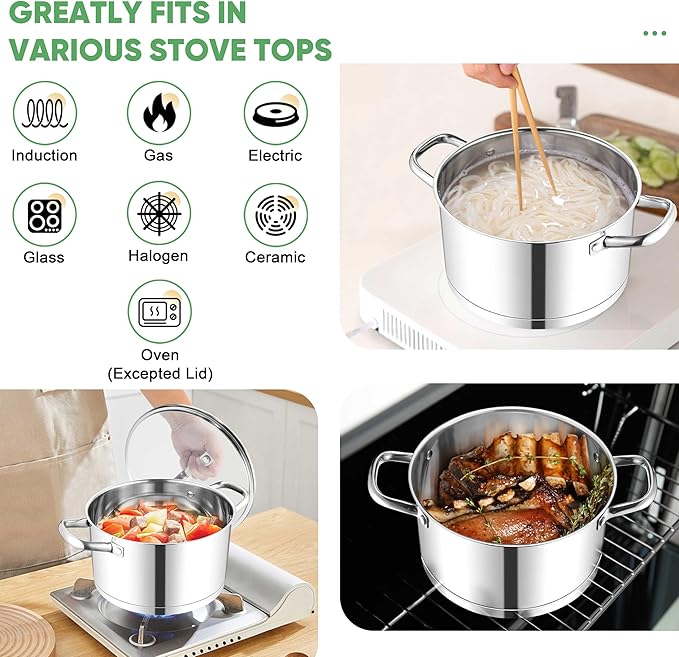 TeamFar Stainless Steel Stock Pot, 4-quart Tri-ply Base Stockpot Cooking Pasta Pot with Lid, for Induction Gas Glass Electric, Healthy & Heavy Duty, Ergonomic Handles & Straight Side, Dishwasher Safe
