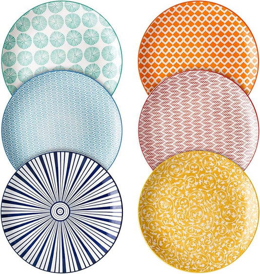 Selamica 10 inch Porcelain Dinner Plates, Large Size Serving Plate for Salad, Pancakes, Steak, Set of 6, Assorted Colors
