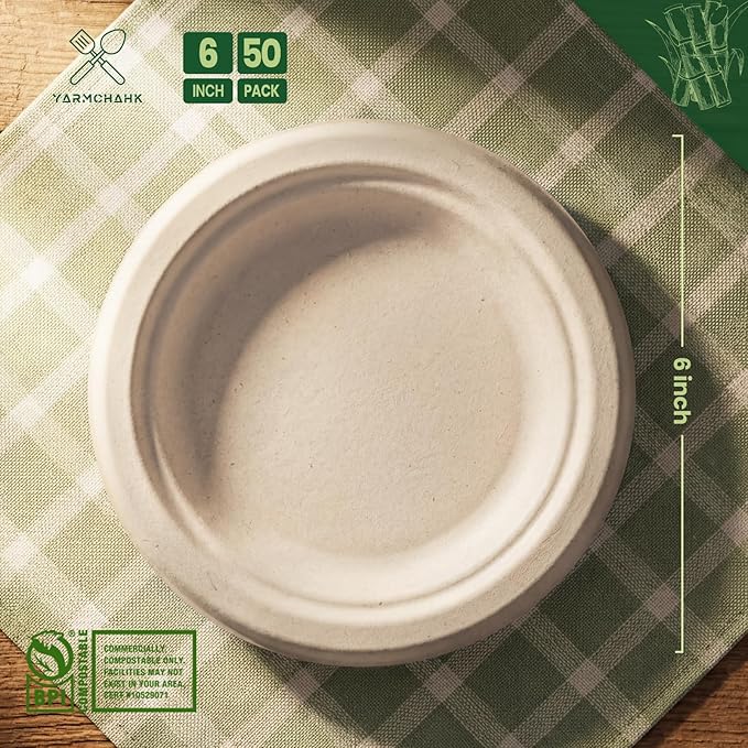 Disposable Paper Plates, 6 inch Heavy Duty Paper Plate, Soak and Cut Proof, Natural Biodegradable Bagasse Plates for Microwave, Dinner, Party, Picnic,50 Pack