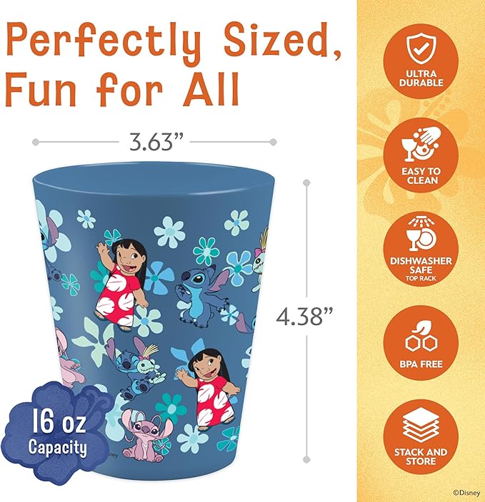 Disney Reusable Plastic Cups – 4 Pack 16 oz Plastic Drinking Glasses with Mickey, Stitch, Pooh, or Disney100 Designs – BPA-Free, Stackable, Top Rack Dishwasher Safe Tumblers for Water, Juice & More