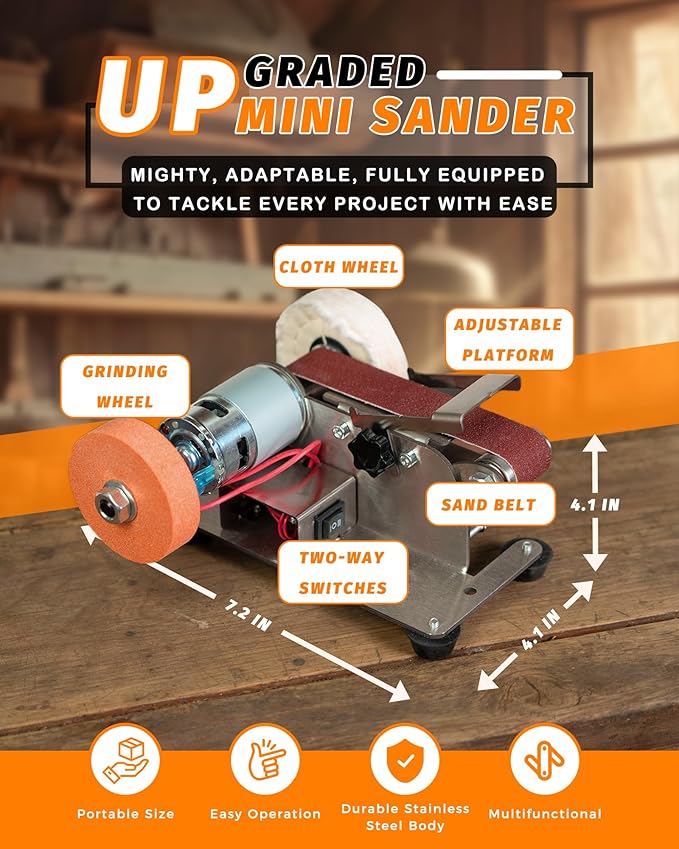 Mini Belt Sander, Electric Small Sander Knife Making Supplies, 7 Adjustable Speed Electric Knife Sharpener, Power Belt Grinder for Woodworking, Metal Working DIY (6.5'' x 6.5'' x 4.2'')